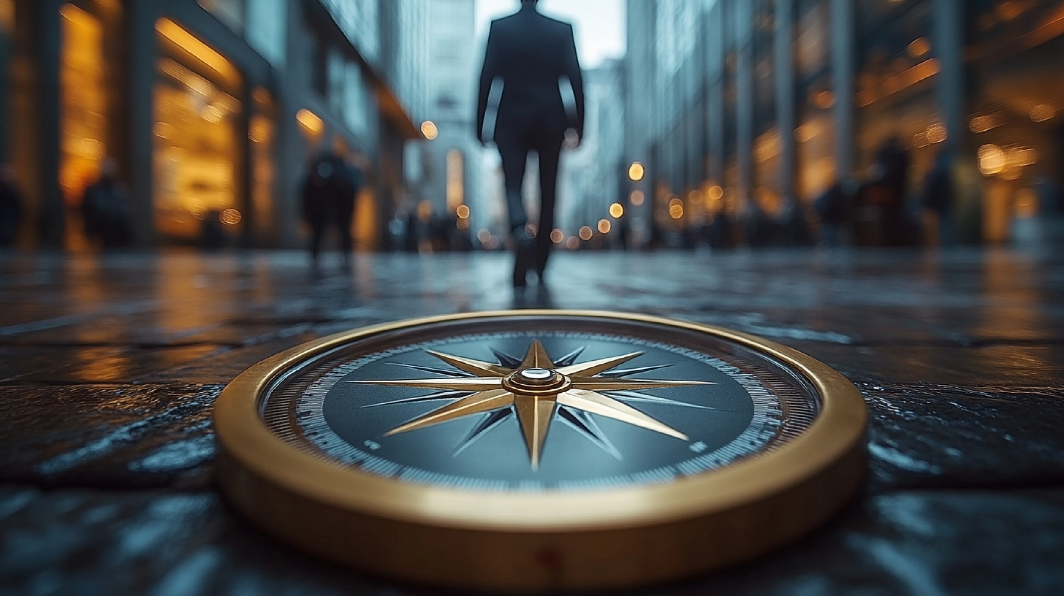 A brass compass set into a wet city street, a figure in a suit walking away into the distance